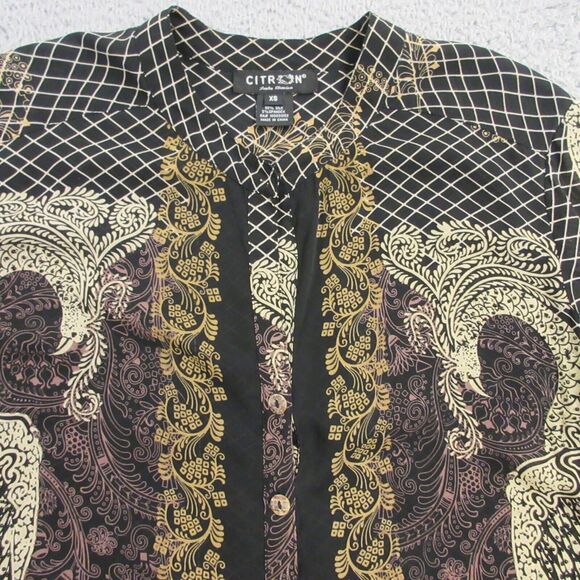 Citron Santa Monica Silk Shirt Blouse Top size XS FLAW Asian Band Collar Peacock - Picture 5 of 12